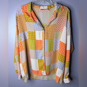 Willow + Root Boho Patchwork Button Blouse Women M Retro Mod Cottagecore Hippie